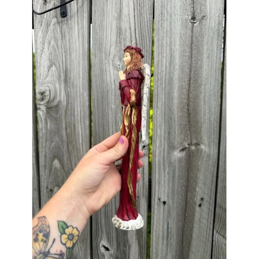 Angel Christmas Decor Figurine Burgundy Red Gold Rustic Praying Statuette